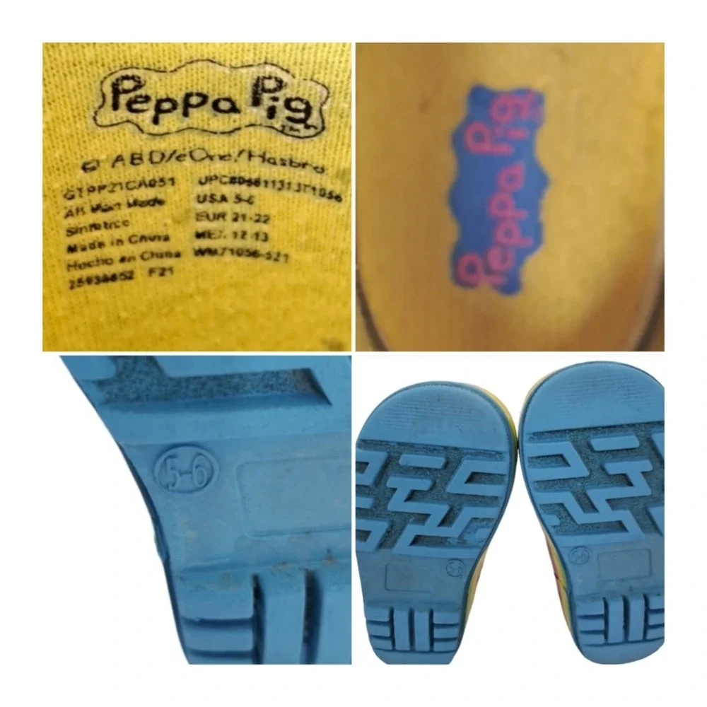 Peppa Pig Kids Rain Boots Size 5-6 Pull On Galoshes Blue Rainbow Umbrella
